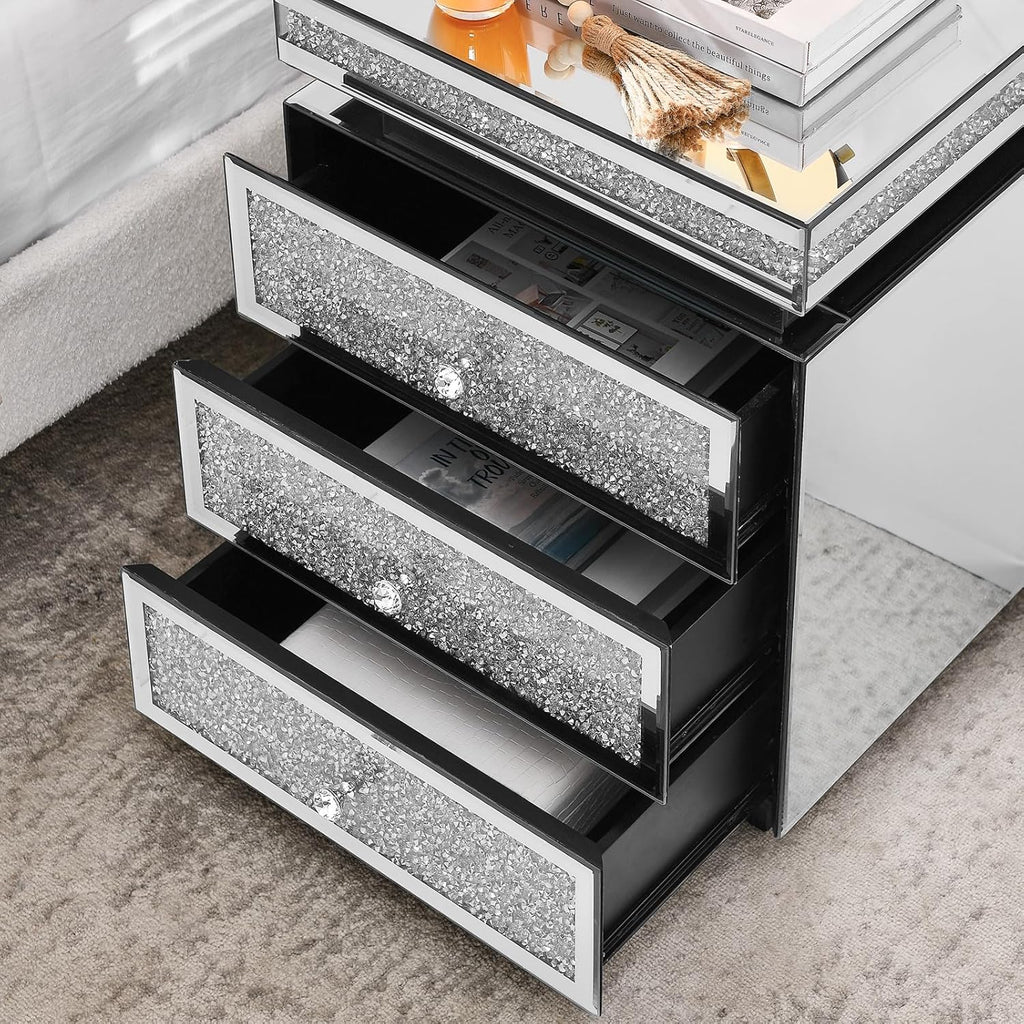 Modern Glam Glass Mirror Nightstand, Silver Bedside Table with Sparkling Crushed Diamond, 3-Drawer Luxury Mirrored Accent Table for Living Room, Bedroom, Fully Assembled