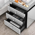 Modern Glam Glass Mirror Nightstand, Silver Bedside Table with Sparkling Crushed Diamond, 3-Drawer Luxury Mirrored Accent Table for Living Room, Bedroom, Fully Assembled