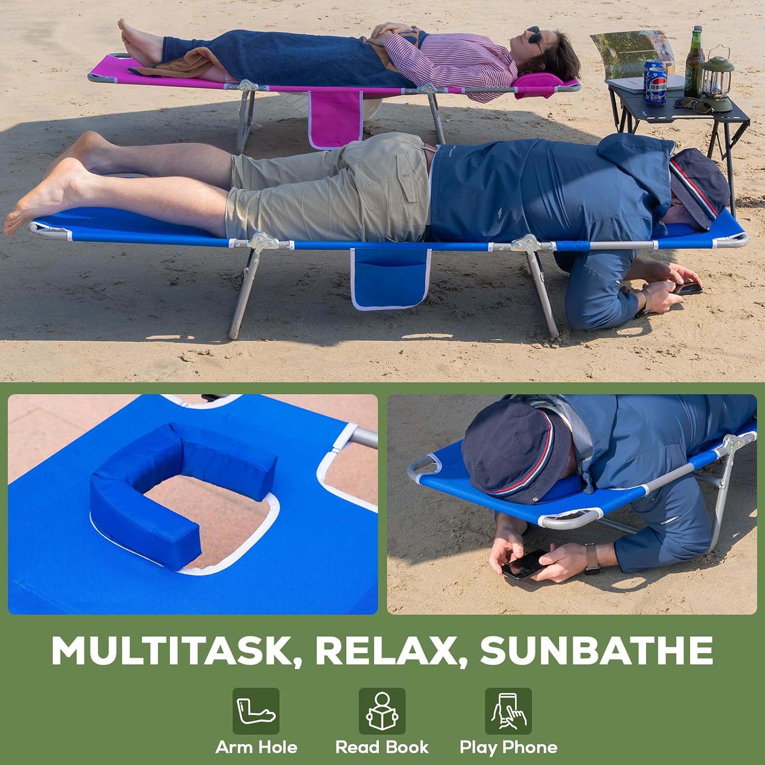 2PK Face-Down Tanning Beach Chair, Adjustable Folding Sunbathing Lounger with Arm Slots, Side Pocket, Lightweight Reclining Chair for Beach, Poolside, Lawn & Patio, Royal Blue