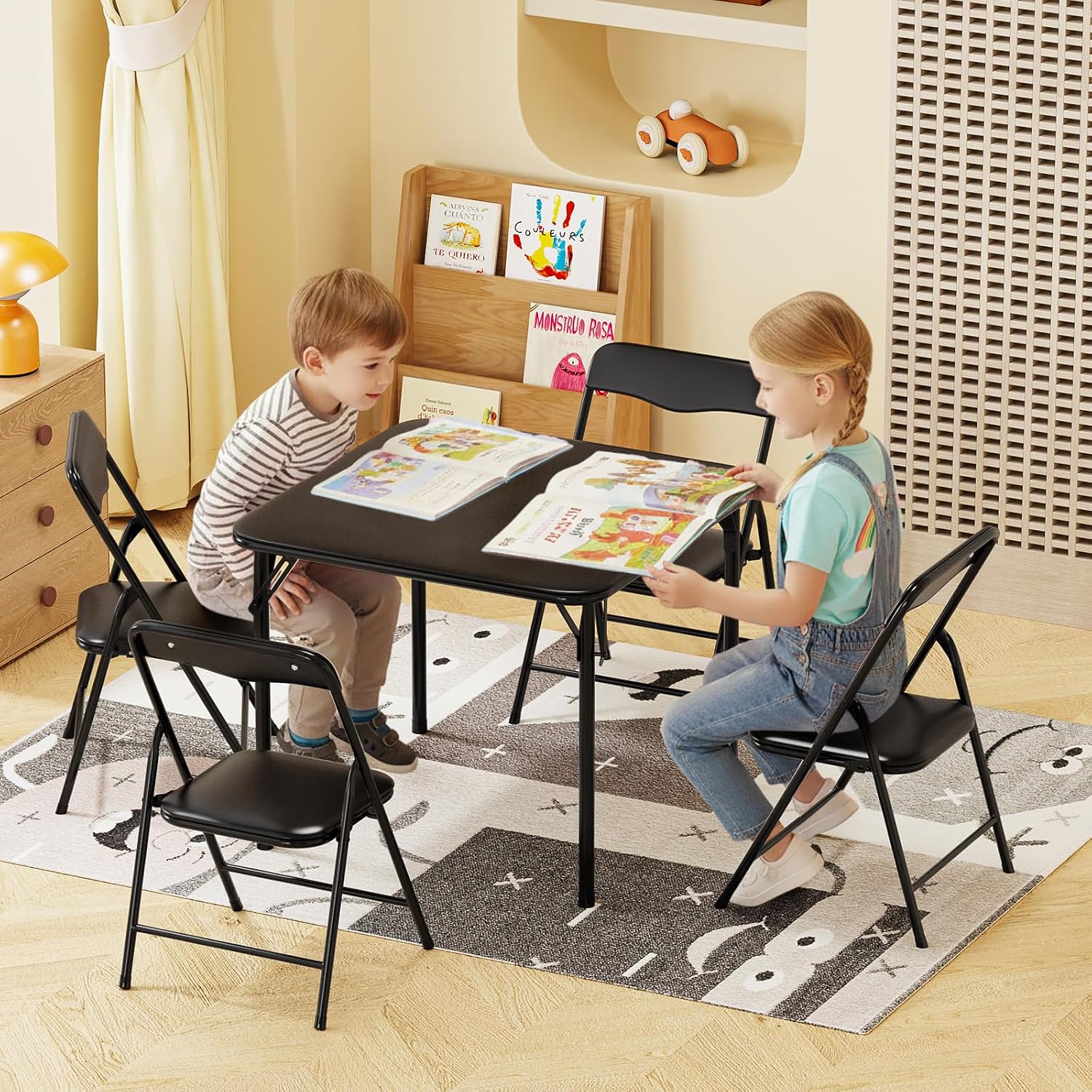 JOYMOR Kids Folding Table and Chairs Set, 5-Piece Metal Frame Activity Set with Easy-Fold Design for Playroom & Classroom (Black)