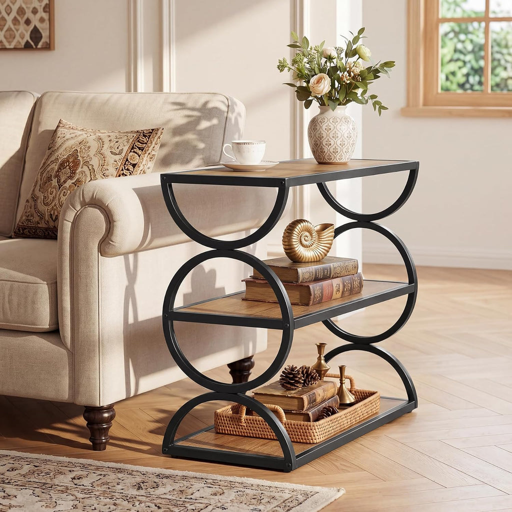 Tribesigns 3-Tier End Table, Narrow Side Table with Storage Shelves, Industrial Accent Table with Unique Circular Frame, Sofa Side Table for Living Room, Rustic Brown
