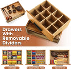 Acacia Wood Tea Bag Organizer - 12-Compartment Capacity Tea Box Organizer Storage Box with Drawer, Tea Accessories for Tea Bags Storage Drawer, Tea Station for Countertop