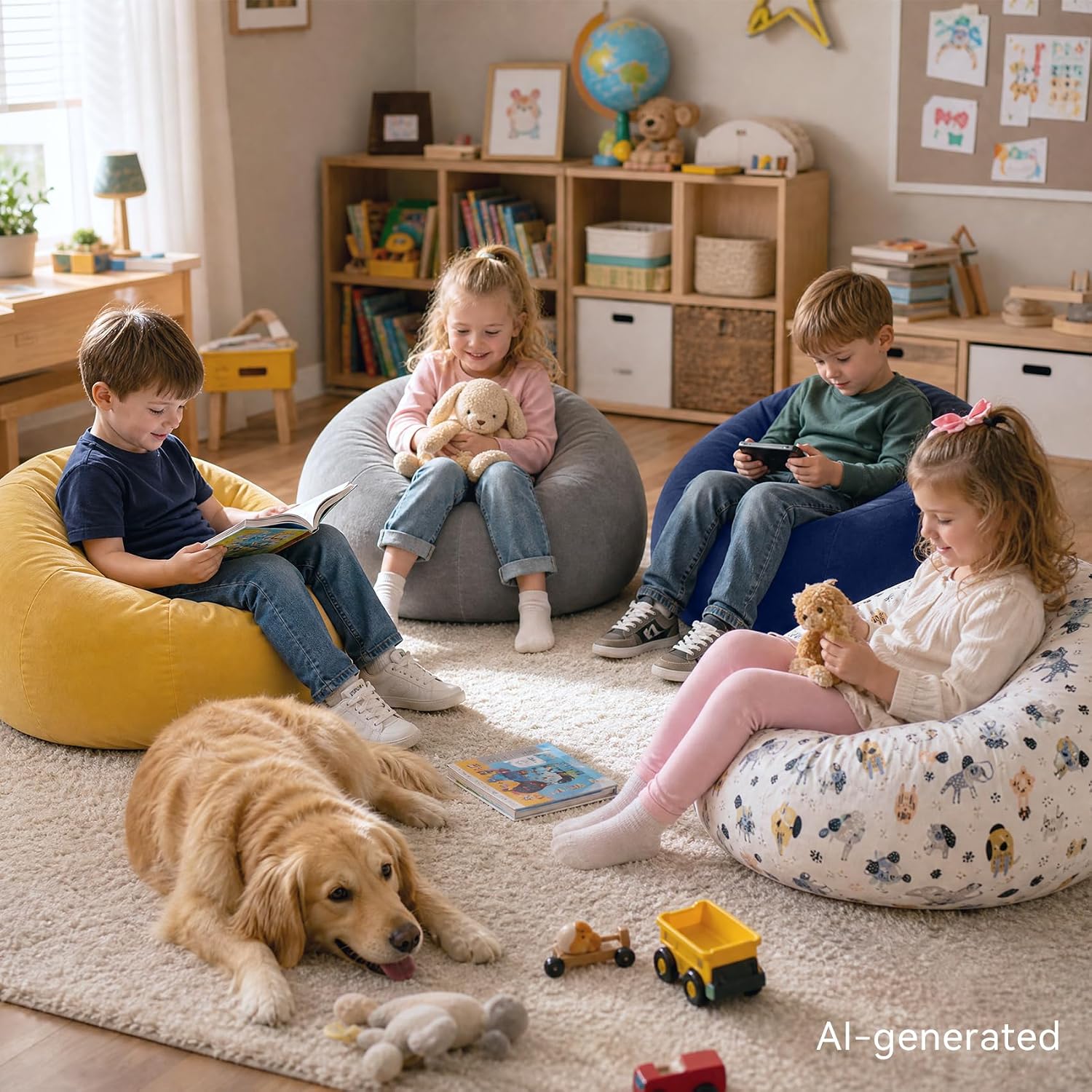 Bean Bag Chair for Kids/Teens with Armrests,2.5FT Round Memory Foam Filled Bean Bag,31.5'D'×31.5'W'×20'H',for Bedroom,Living Room,Reading,Dorm (Chenille-Cartoon)