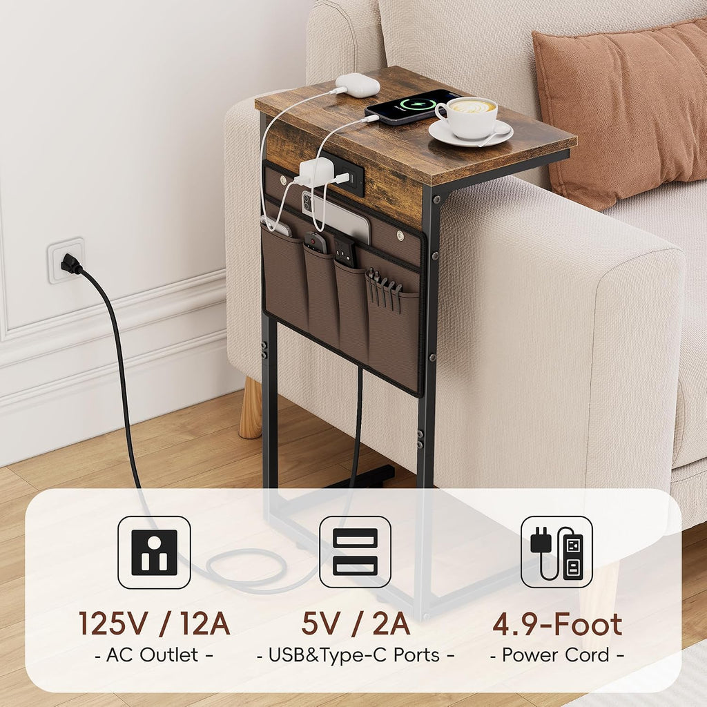 Vagusicc C Shaped End Table with Charging Station, 28" Tall Couch Side Table, Sofa Table Beside Table, Slide Under Sofa Arm C Table for Small Spaces, TV Tray Table for Living Room, Bedroom, Brown