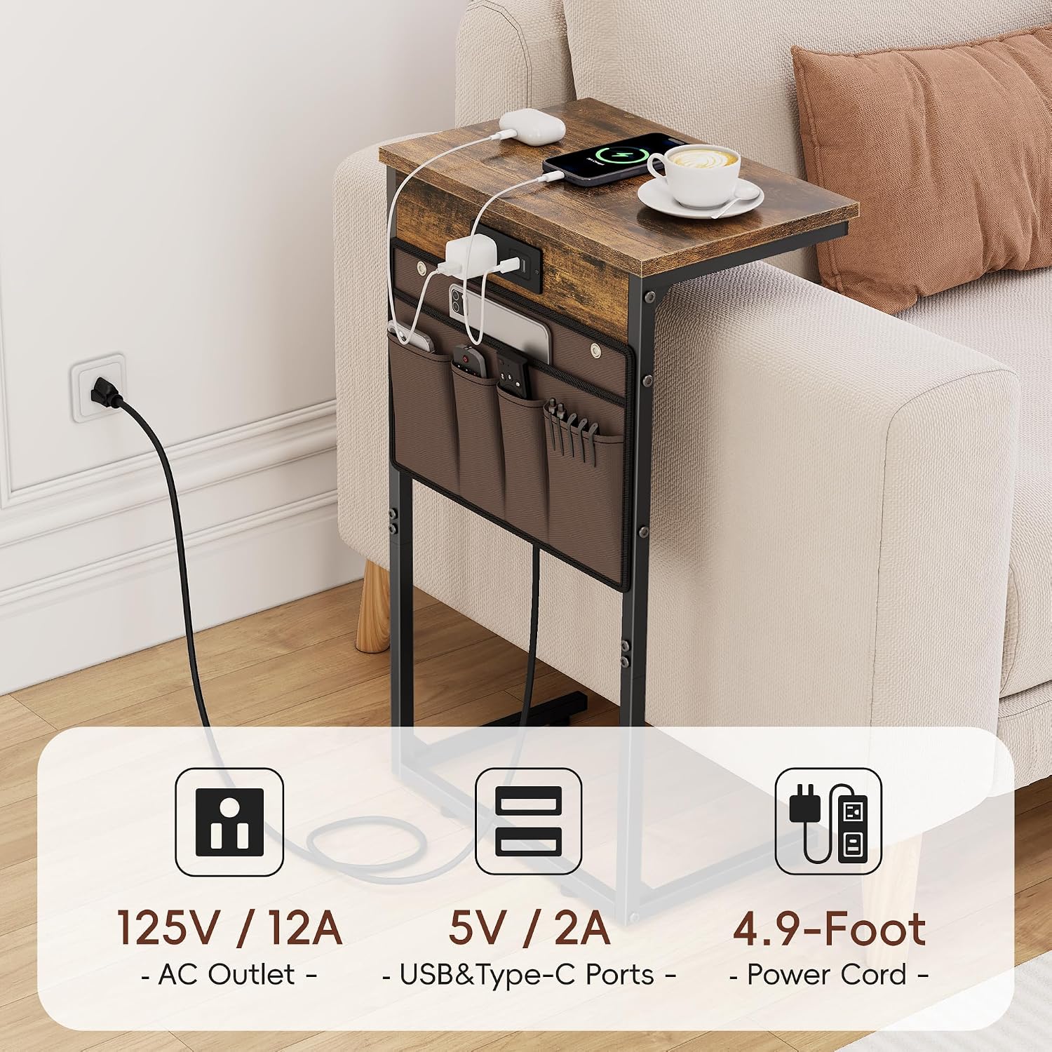 Vagusicc C Shaped End Table with Charging Station, 28" Tall Couch Side Table, Sofa Table Beside Table, Slide Under Sofa Arm C Table for Small Spaces, TV Tray Table for Living Room, Bedroom, Brown