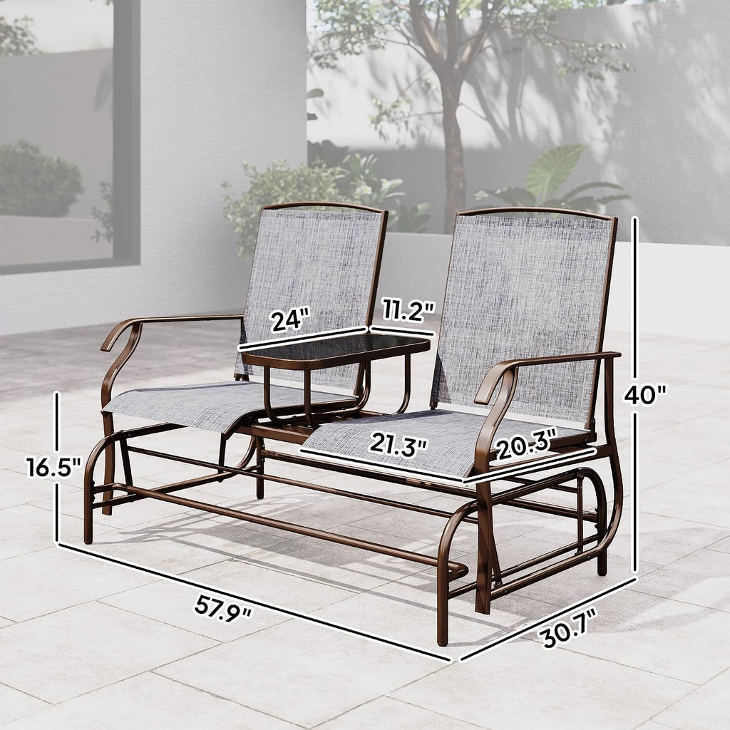 Two-Person Outdoor Glider Bench with Center Table for Garden Patio Use