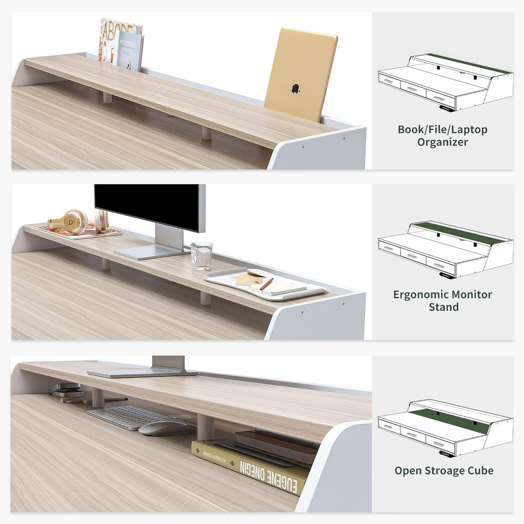 CubiCubi Standing Desk 55x26 Inches with 3 Wood Drawers and Monitor Shelf, Ergonomic Rising Home Office Desks, Height Adjustable Computer Desk, Sit Stand Up Electric Workstation Table, Pale Walnut