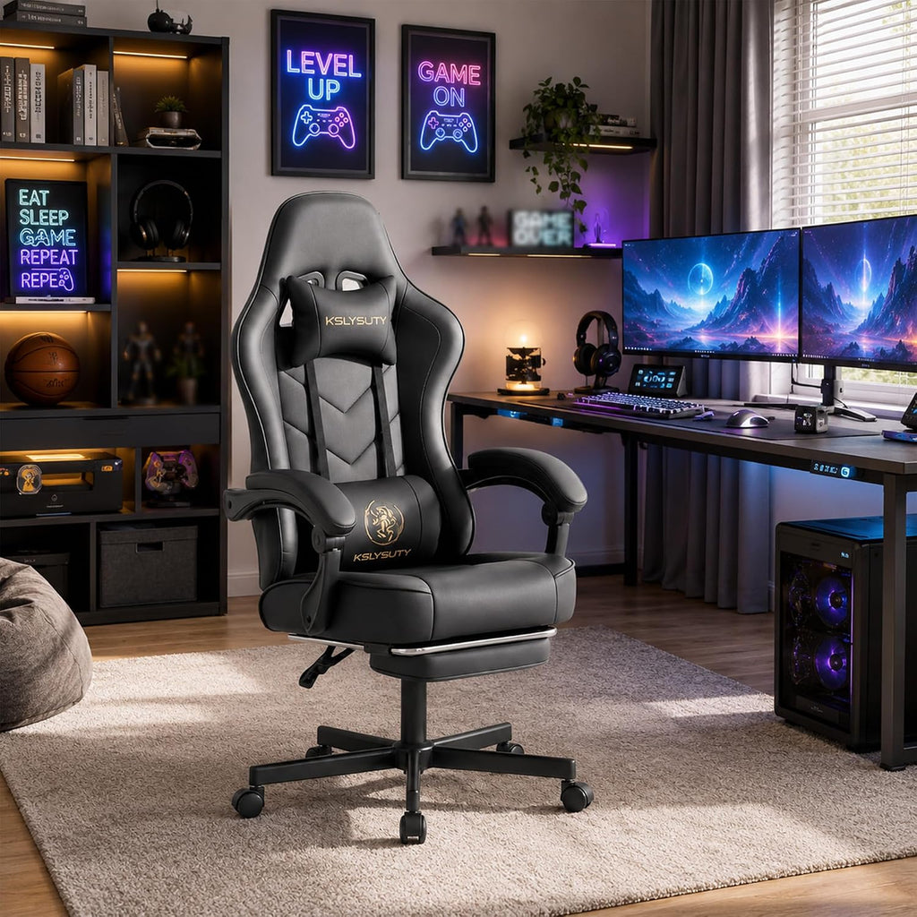 Office Desk Computer Gaming Chair for Adults, Ergonomic High Back Gamer Chair with Massage and Pocket Spring Cushion, Swivel Comfy Video Game Chairs with Footrest and Lumbar Support (Black Leather)