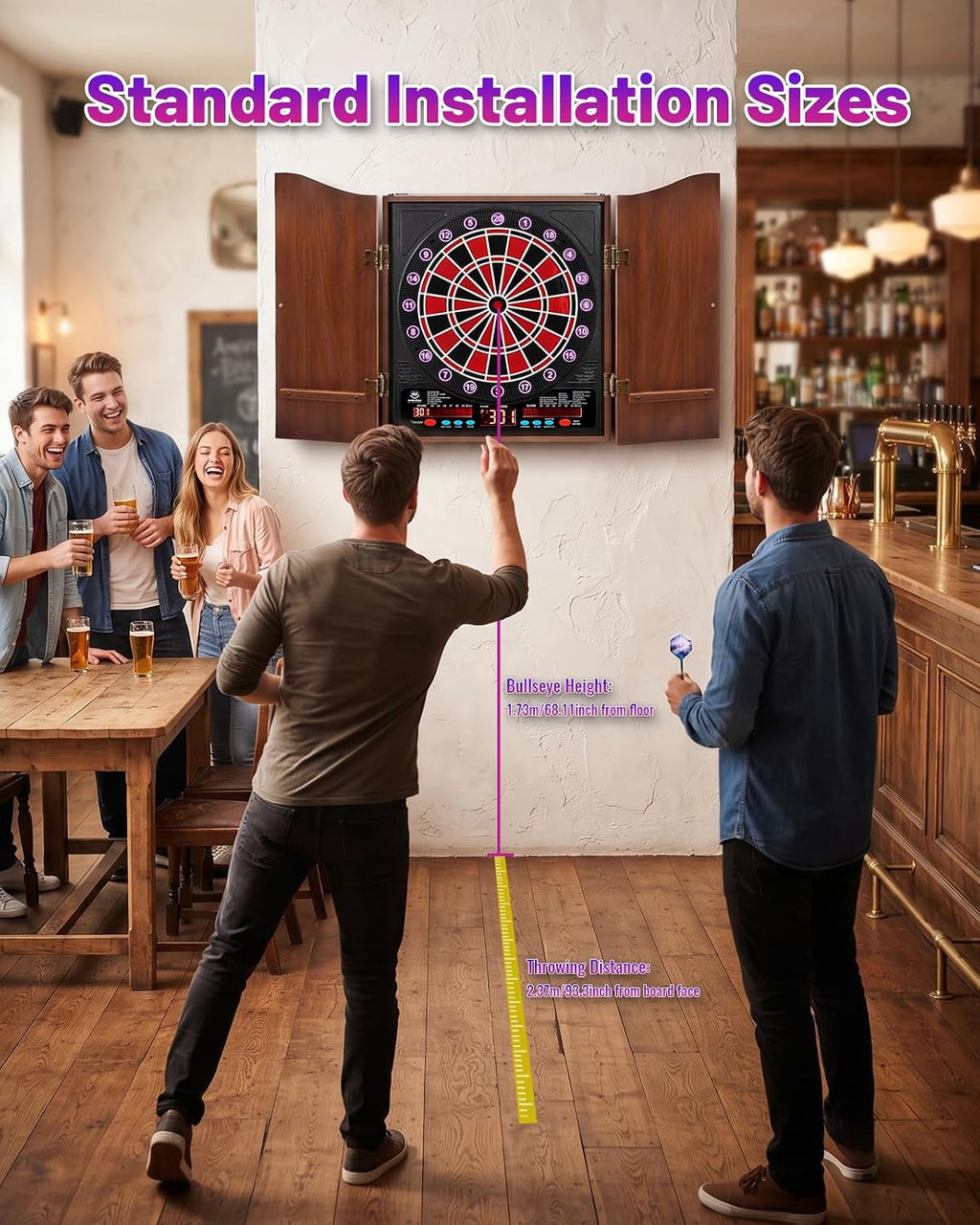 Electronic Dart Board with Cabinet Set, Dartboard with 8-Player Color Light | 3 Large LCD Displays with 34 Games, Automatic Scoring, 12 Darts+100 Tips, Great Gift for Man Cave Game Room Home Bar
