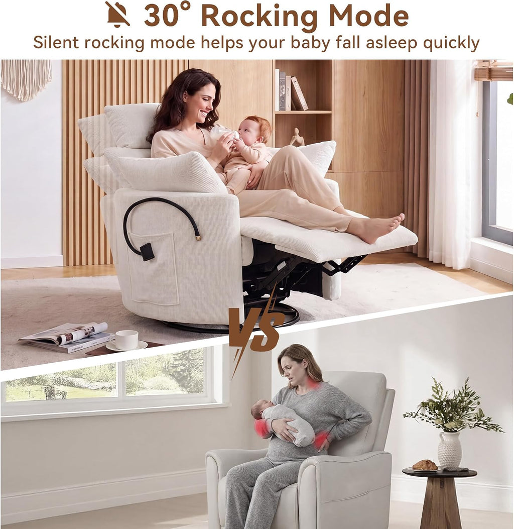 FOXHUNTER Manual Nursery Rocking Chairs Glider Rocking Chair 360°Swivel Rocking Recliner with Phone Holder,Footrest,Oversized Rocker Chair for Living Room, Chenille,White