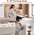 FOXHUNTER Manual Nursery Rocking Chairs Glider Rocking Chair 360°Swivel Rocking Recliner with Phone Holder,Footrest,Oversized Rocker Chair for Living Room, Chenille,White