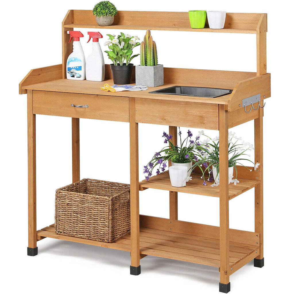 48" Wooden Outdoor Indoor Planting Gardening Garden Potting Bench Workbench Workstation Table Removable Sink Drawer 2 Tiers Storage Shelves Rack Open Shelf 3 Side Hooks Gardening Supplies Tools Storag