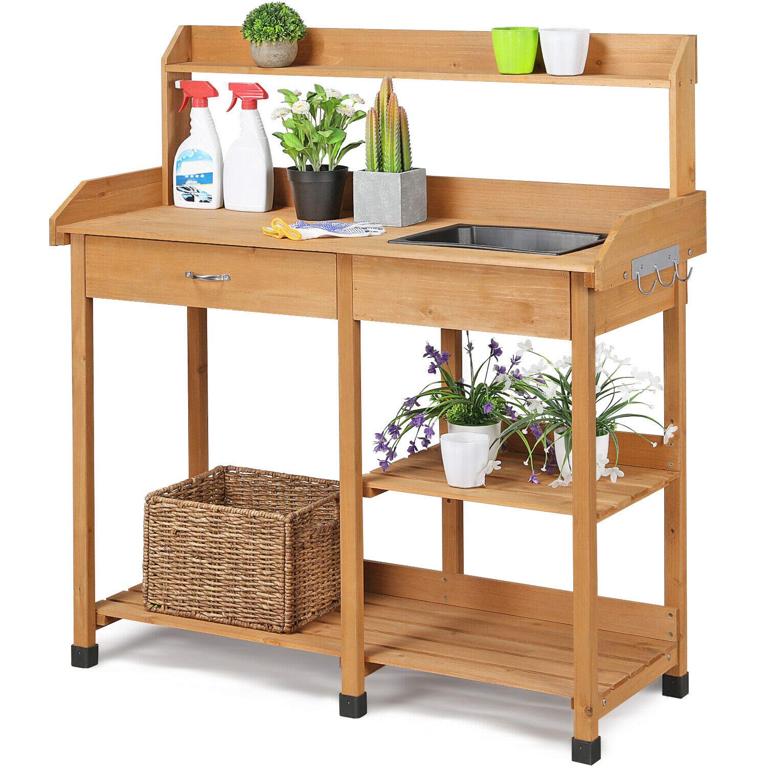 48" Wooden Outdoor Indoor Planting Gardening Garden Potting Bench Workbench Workstation Table Removable Sink Drawer 2 Tiers Storage Shelves Rack Open Shelf 3 Side Hooks Gardening Supplies Tools Storag