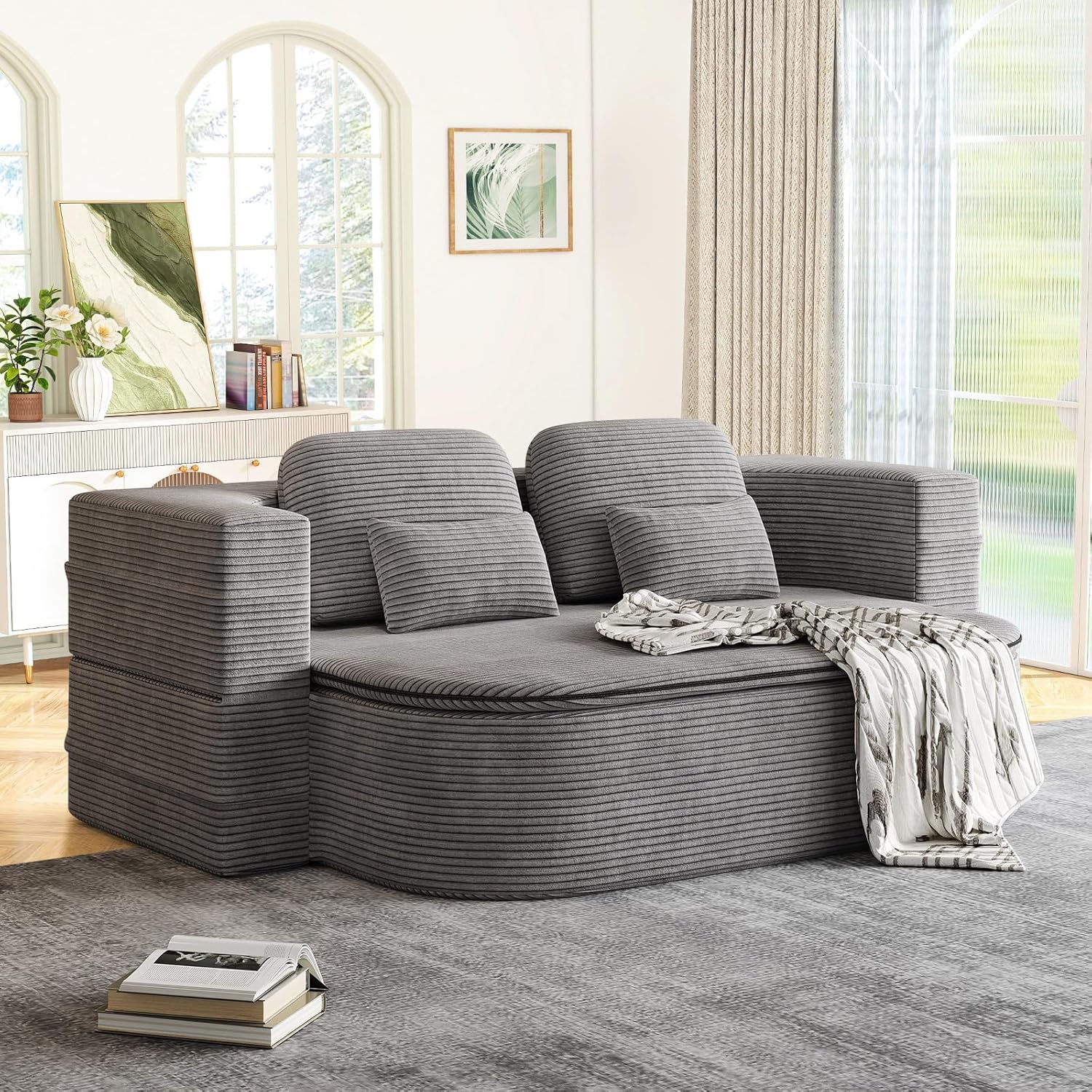 Antetek Convertible Sleeper Sofa, Modern Folding Futon Corduroy Floor Foam Compression Loveseat Sofa Bed Couch, Foldable Full Size Guest Bed with 4 Pillows for Living Room Bedroom Apartment, Grey