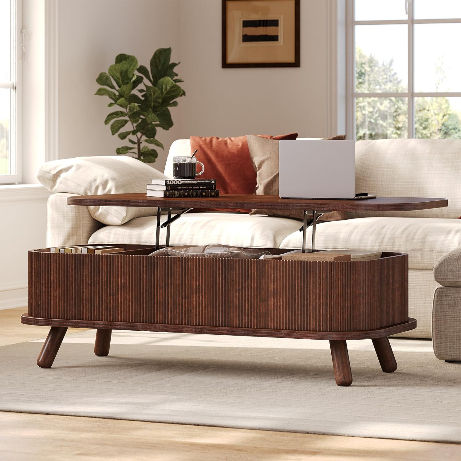 knoworld Fluted Lift Top Coffee Table with Storage, 47" Oval Coffee Table with 3-Partition Hidden Compartment, Mid Century Modern Wood Center Table for Living Room, Work & Dining from Sofa, Walnut