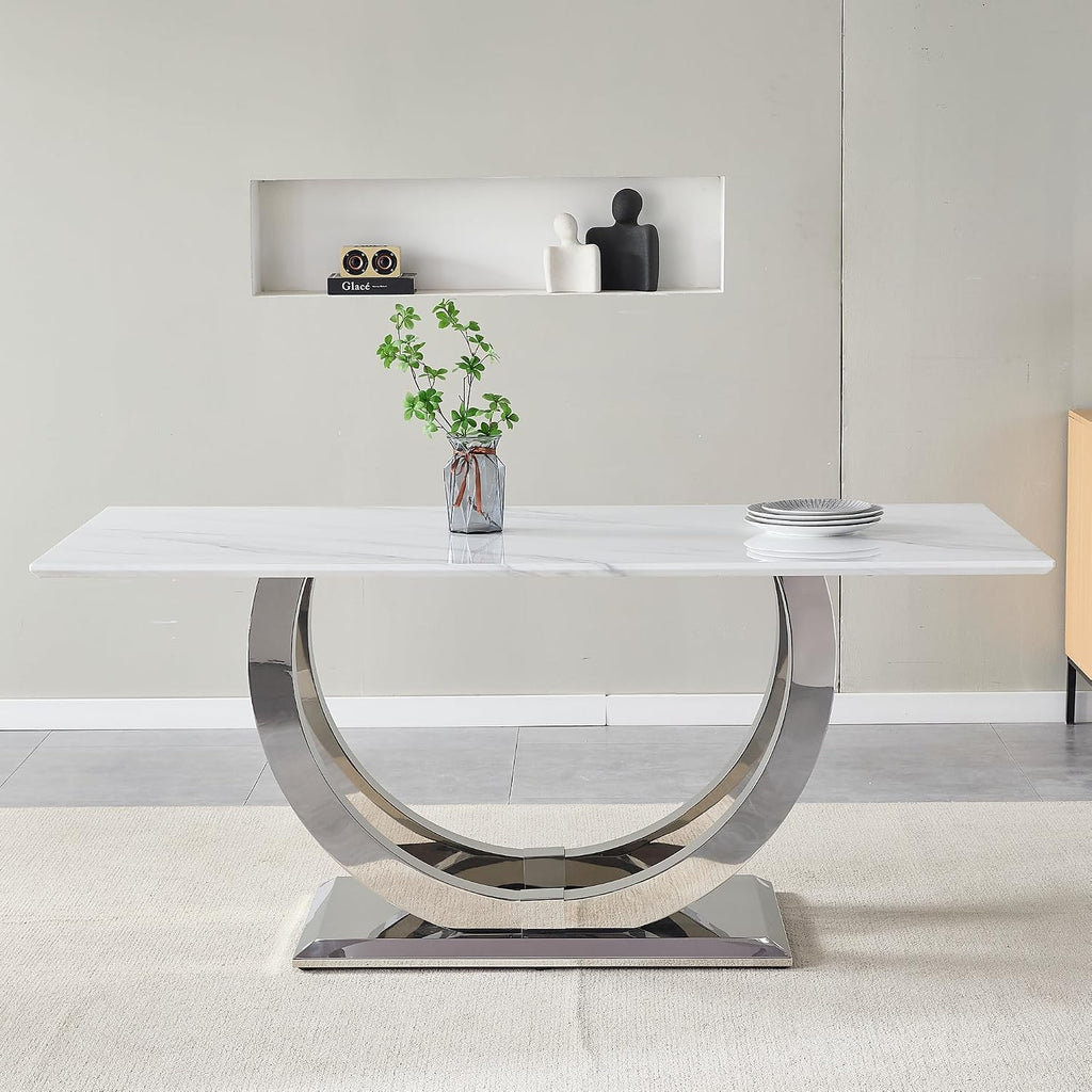 SSLine Modern White Marble Dining Table for 6-8 Rectangle 69.3" Faux Marble Kitchen Table with Silver Stainless Steel Dual U Shape Pedestal Base Luxury Dining Room Table for Home Kitchen