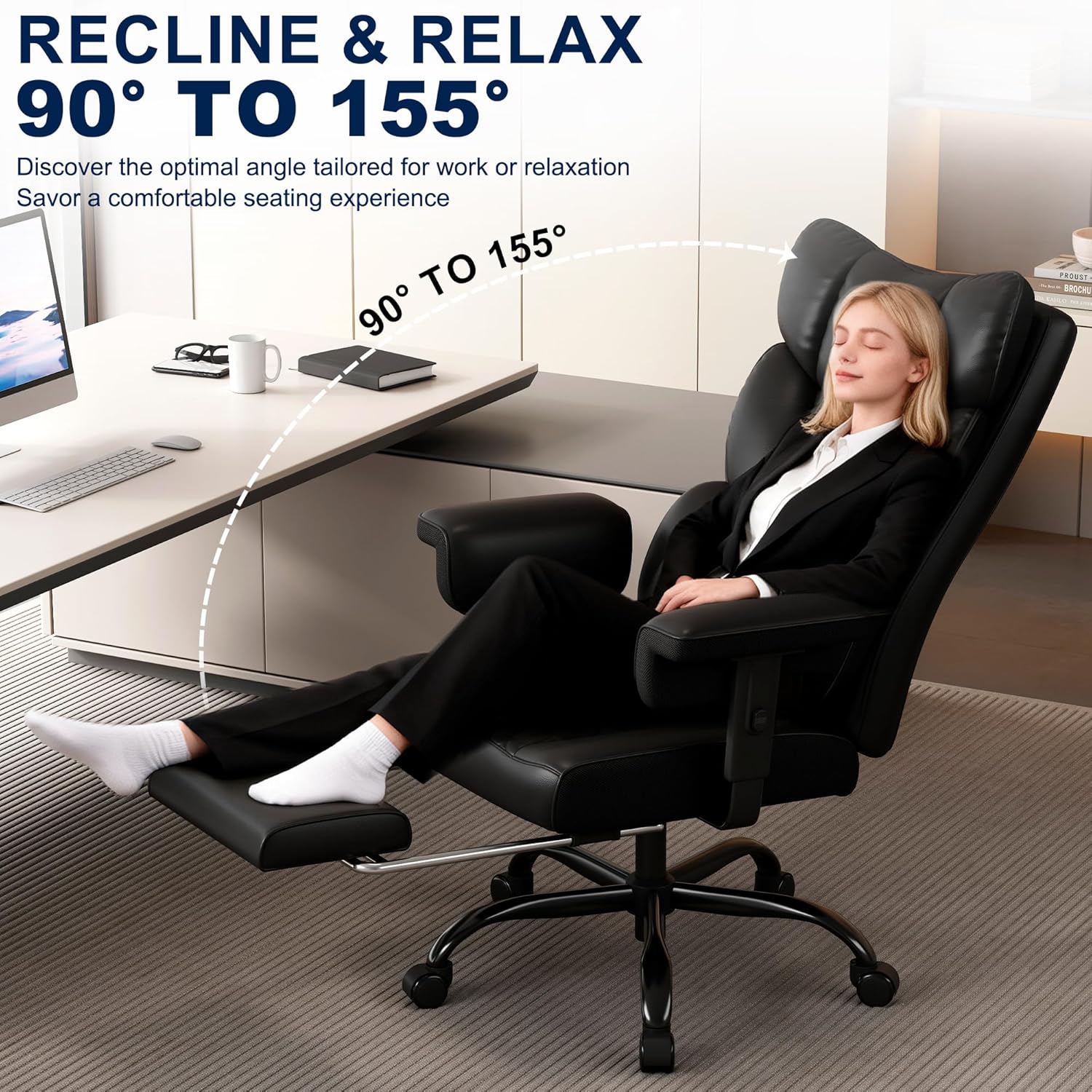 Misolant Big and Tall Office Chair with Footrest, High Back Executive Desk Chair with Adjustable Lift Armrest, 155°Recline，Lumbar Support Pillow, Faux Leather Gaming Chairs for Home or Office Black