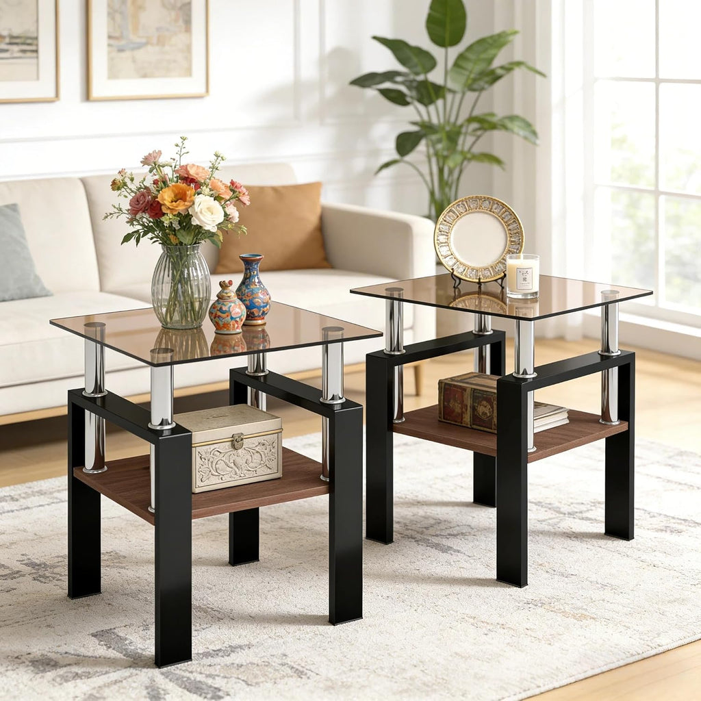 Glass Side Table Set of 2, Small 2-Tier End Table with Tempered Glass Top and Metal Legs, Clear Small Corner Table for Living Room, Bedroom, Apartment (Brown+Black)