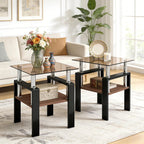 Glass Side Table Set of 2, Small 2-Tier End Table with Tempered Glass Top and Metal Legs, Clear Small Corner Table for Living Room, Bedroom, Apartment (Brown+Black)