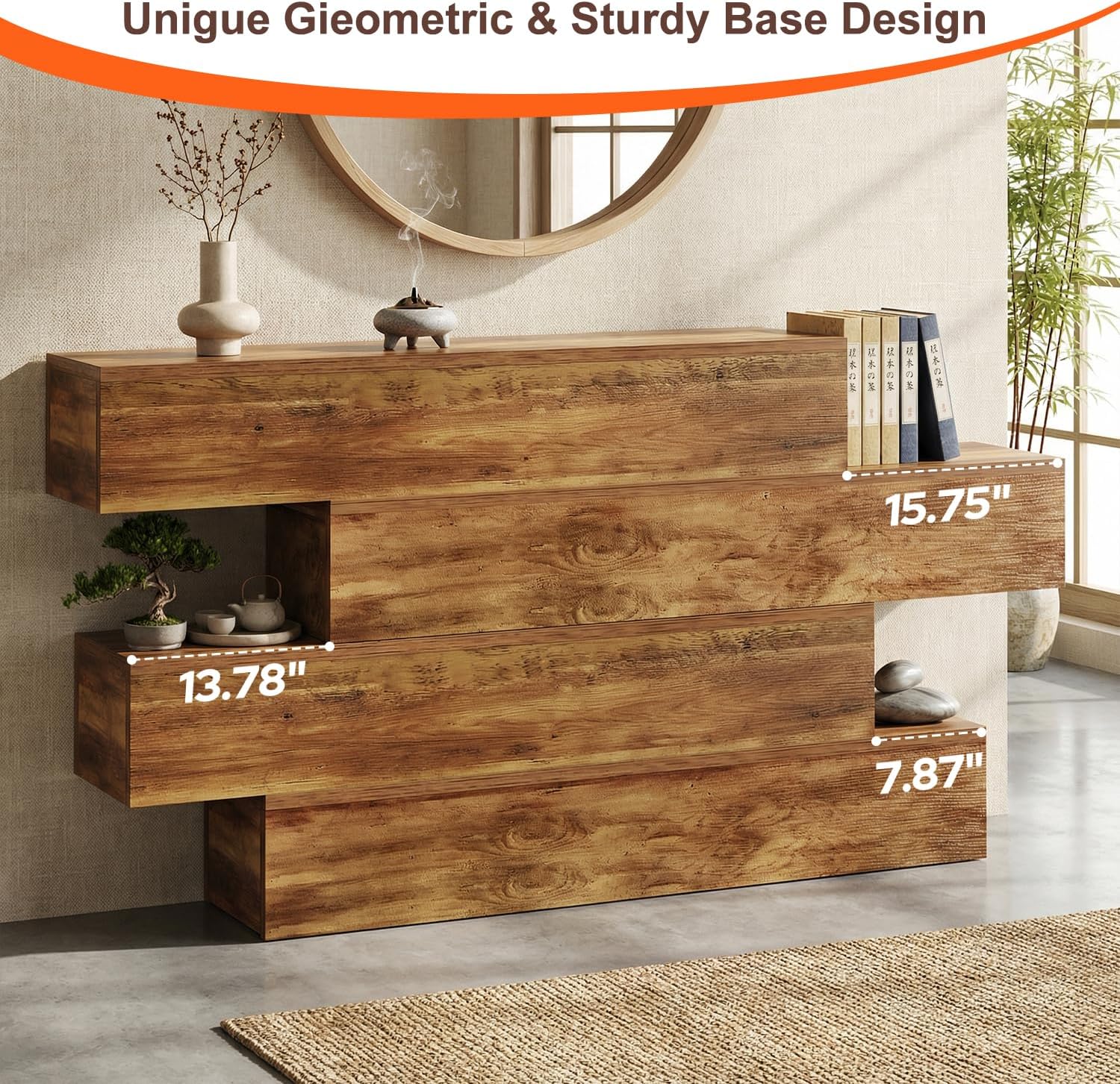 knoworld 63 Inch Farmhouse Console Table with 4 Tier Storage, Rustic Wooden Sofa Table Behind Couch, Unique Staggered Entryway Table for Living Room, Long Hallway Foyer Table, Walnut
