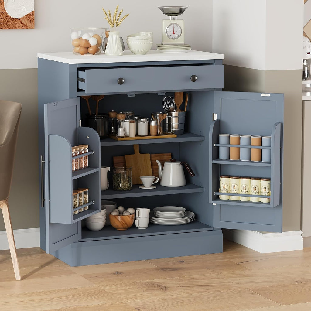 Freestanding Kitchen Pantry,Buffet Food Storage,Coffee Bar Cabinet with Drawer, 2 Adjustable Shelves and 2 Door Shelves,for Kitchen Dining Room (Gray@R)