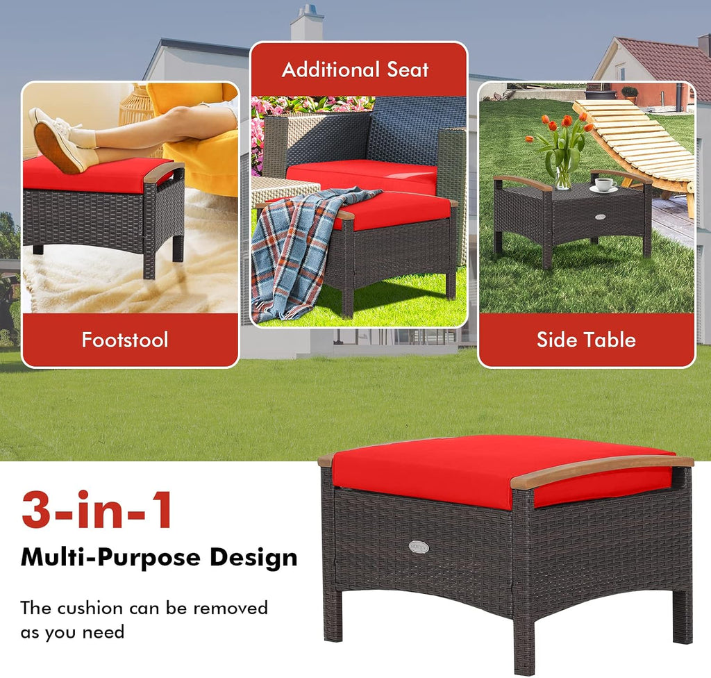 Tangkula 2 Piece Patio Rattan Ottomans, Outdoor Wicker Footstool w/Acacia Wood Handles, Soft Zippered Cushions, 3-in-1 Function Footstool Seat & Side Table for Backyard, Balcony, Poolside (Red)