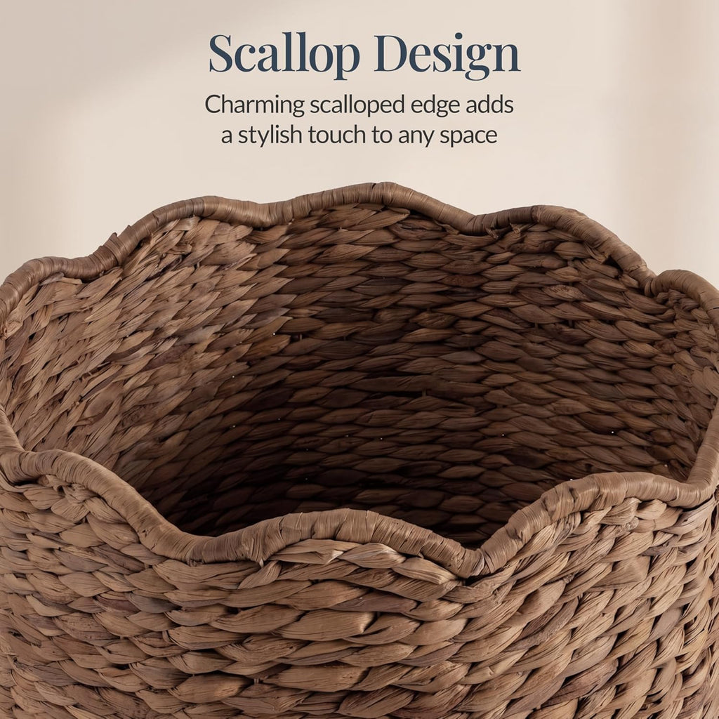 Best Choice Products Scalloped Laundry Large Round Hamper, Handwoven Laundry Basket for Clothes, Towels, Blankets, Multipurpose Storage Organizer For Laundry Room or Closet - Chestnut