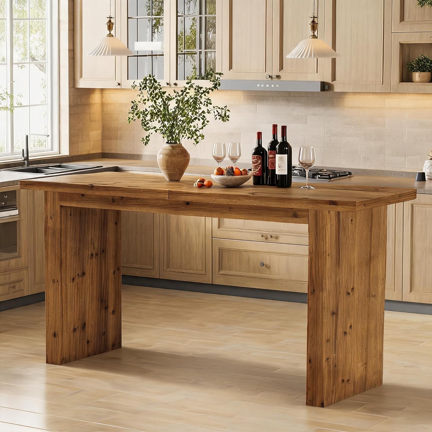 Tribesigns 63" Solid Wood Bar Table, Long Counter Height Pub Table, Rectangular High Top Tables for Dining, Kitchen, Living Room, Entryway, Small Space, Easy to Assemble, Rustic Brown