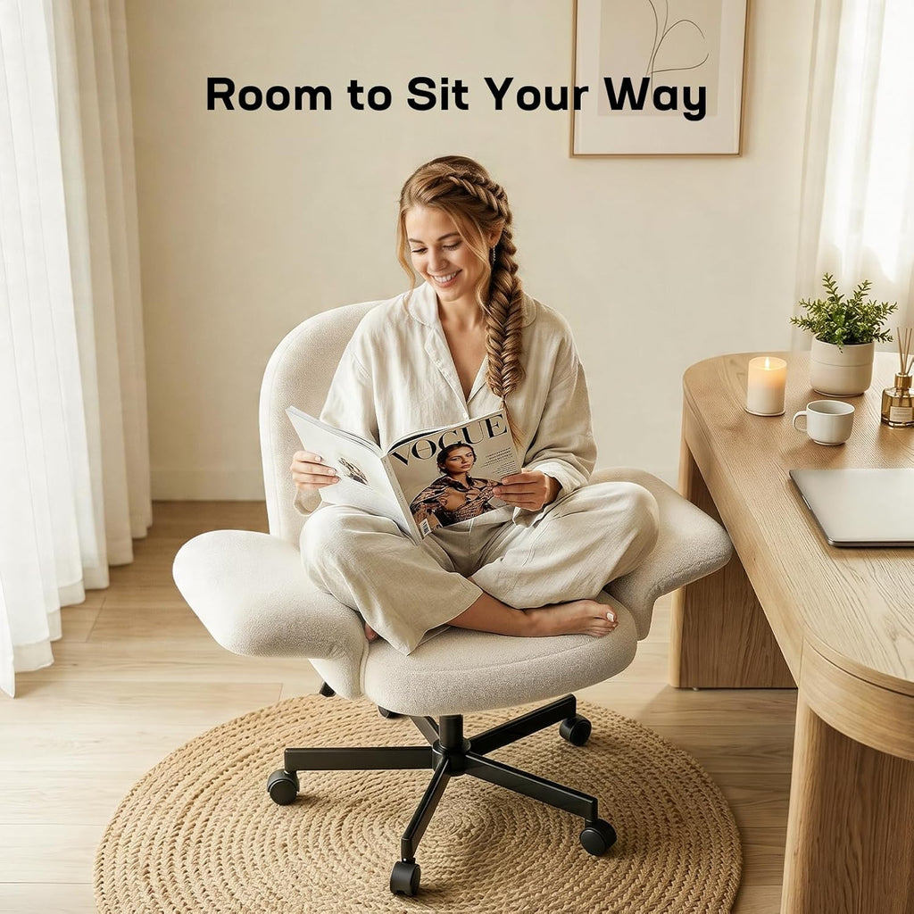 Marsail Criss Cross Office Chair with Adjustable Armrests & Wheels, Vanity Chair with Wide Cushion, Reclining Back, Soft Chenille Fabric, Desk Chair for Home Office, Makeup Room, Bedroom, Beige