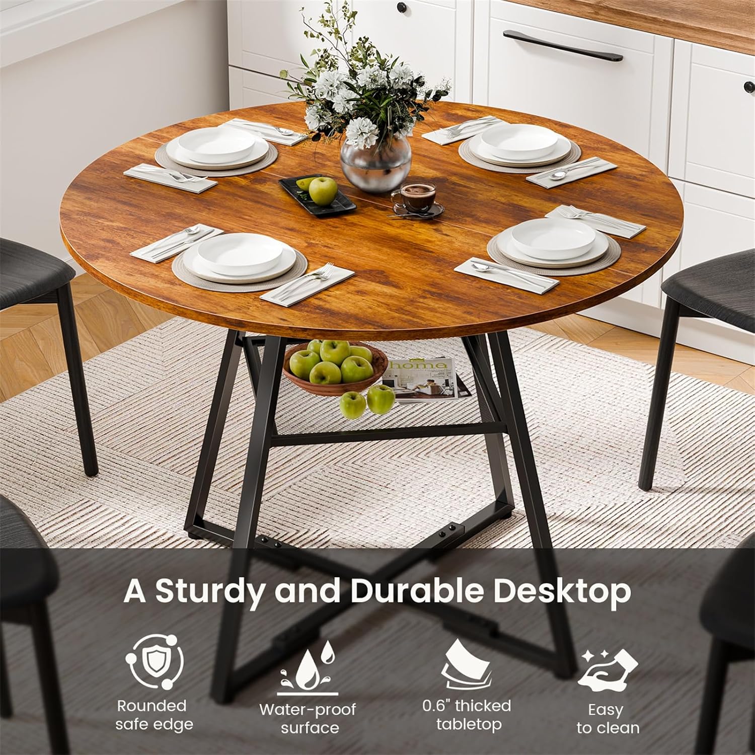 DUMOS 42" Round Dining Table for 4-6, Space Saving Kitchen Table with Dual-Tier Storage, Pedestal Metal Frame, Industrial Farmhouse Circle Dinner Table for Apartment, Vintage Wood