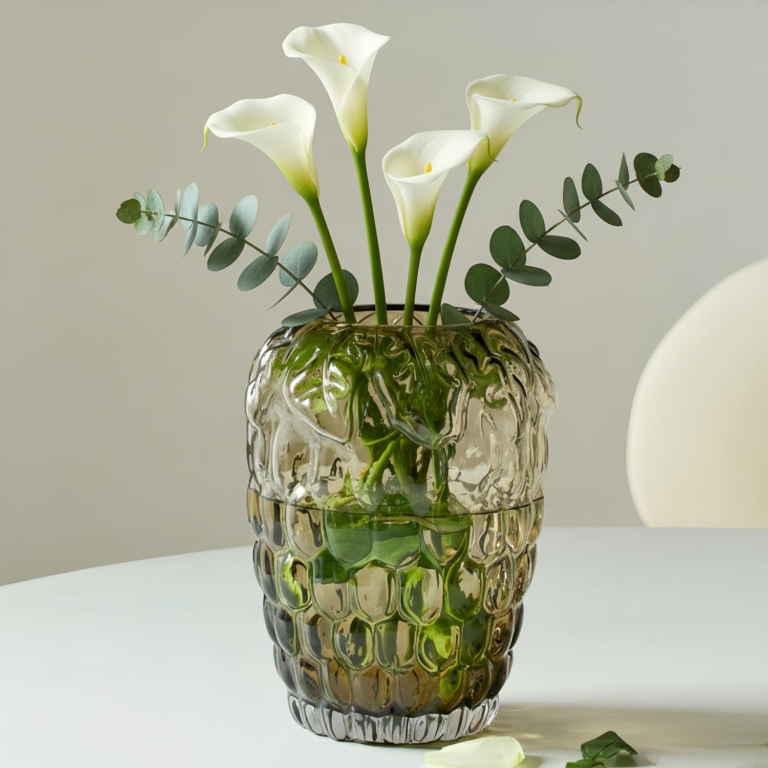Lvases Amber Bubble Textured Nordic Modern Clear Glass Flower Vase | Minimalist glass vessel for fresh cut floral arrangement, table center decor for living room dining shelf indoor home display