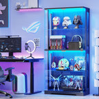 Display Cabinet with Glass Doors, 4-Tier Curio Cabinet with Transparent Full-Display Surface, 65" Glass Display Case with 3 Color Lights for Collectibles, Clear Case with Human Sensor Black