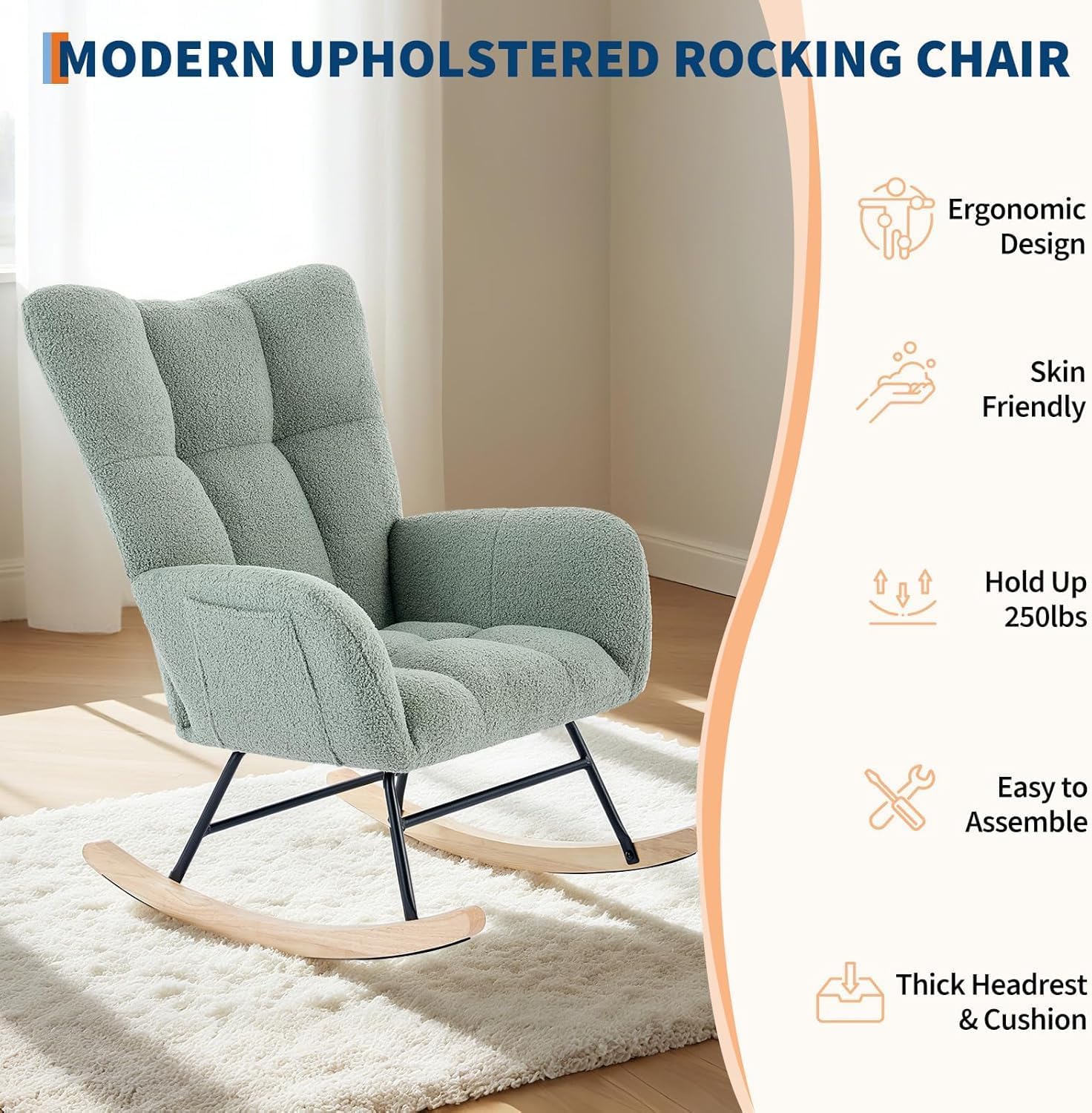 Rocking Chair Nursery Teddy, Upholstered Baby Fluffy Glider Rocker for Adults Small Spaces Indoor,Nursing Chairs for Living Room, Bedroom,Green
