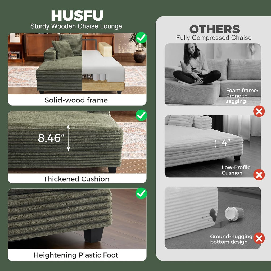 HUSFU 60'' Oversized Chaise Lounge Chair Indoor, Comfy Plush Faux Fur Lounge Sofa Bed w/USB Charging Port,Cup Holders & Throw Pillows,Cozy Sleeper Couch for Living Room Apartments,Green
