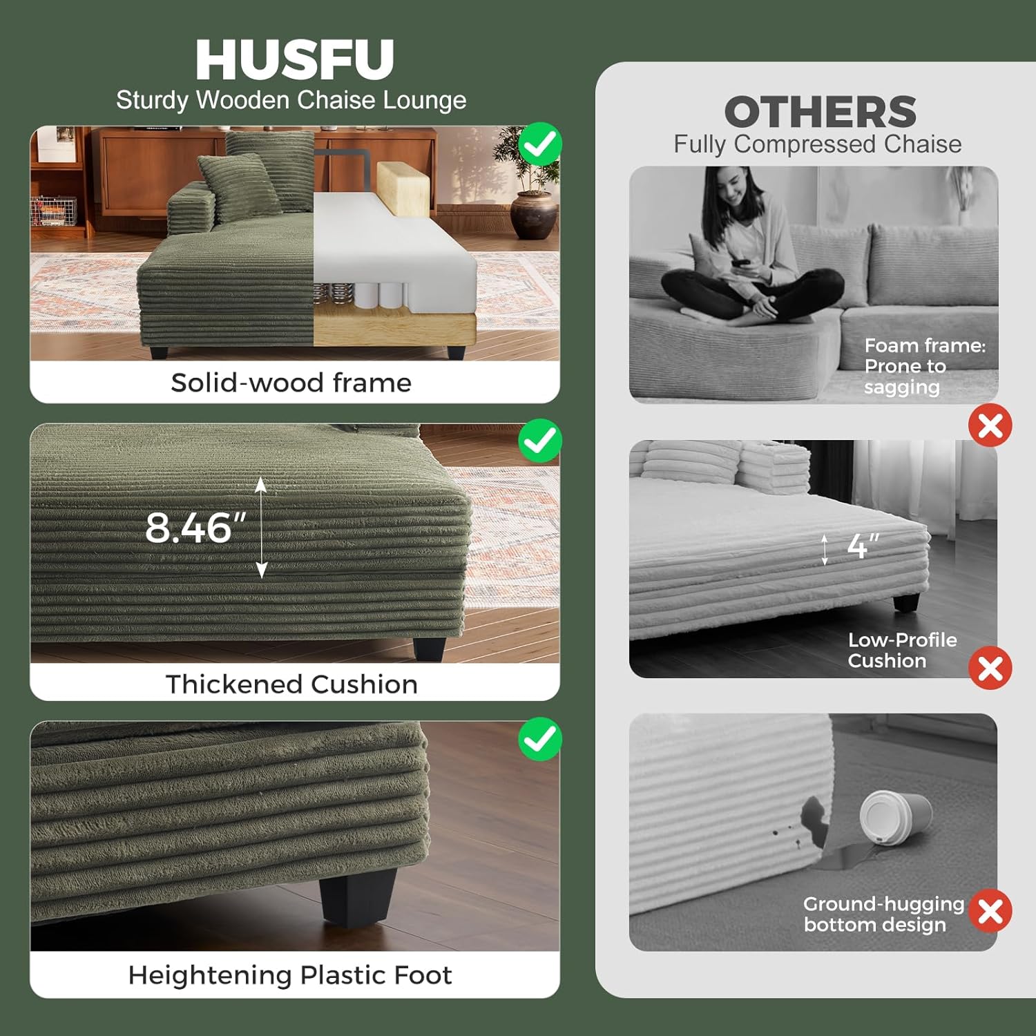 HUSFU 60'' Oversized Chaise Lounge Chair Indoor, Comfy Plush Faux Fur Lounge Sofa Bed w/USB Charging Port,Cup Holders & Throw Pillows,Cozy Sleeper Couch for Living Room Apartments,Green