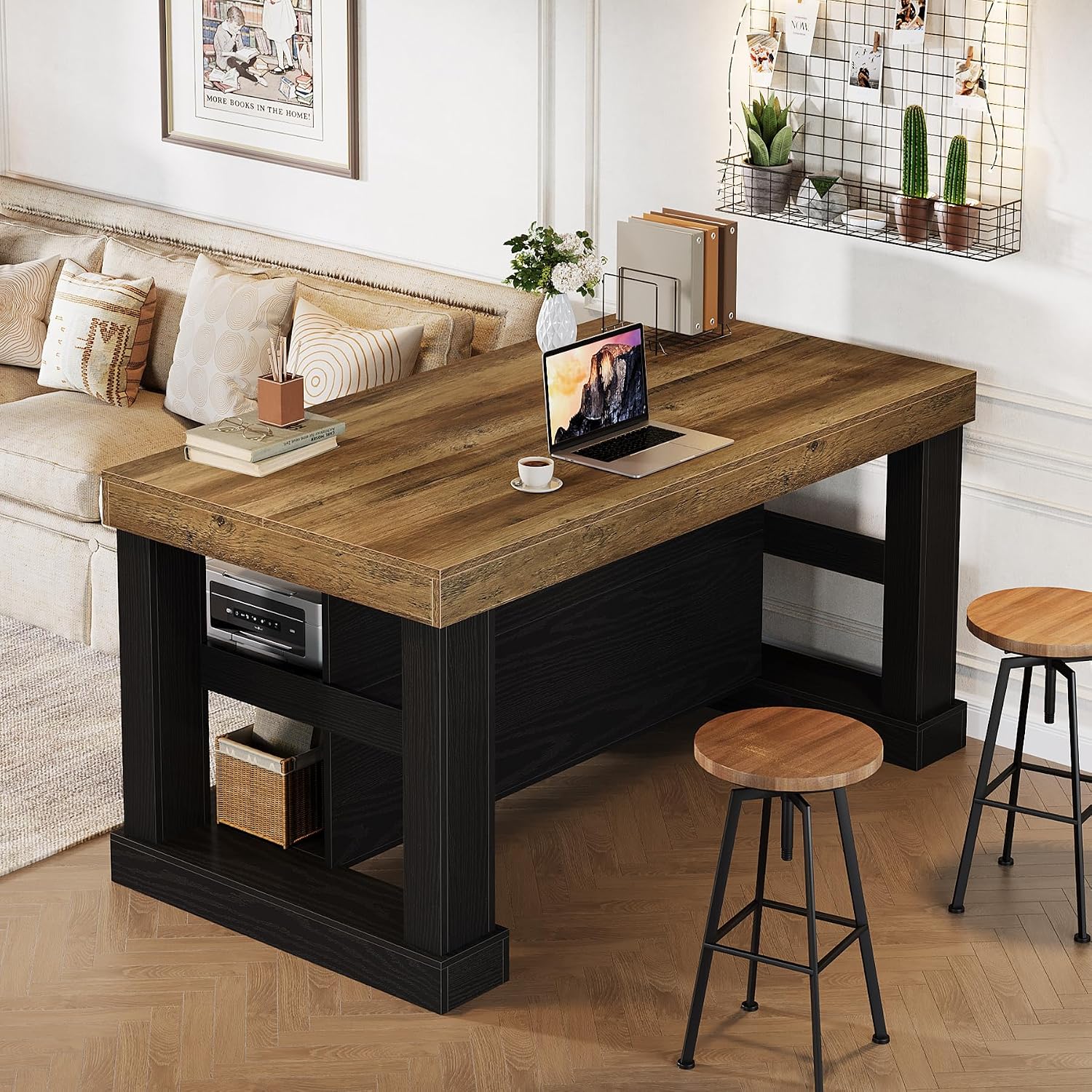 Tribesigns Bar Table, 55-Inch Counter Height Pub Table with Storage Shelves, High Top Kitchen Dining Table, Rectangle Wood Home Bar Unit for Dining Room, Bistro, Black and Brown