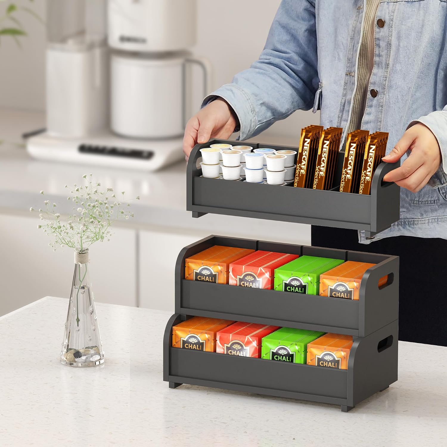 Tea Bag Organizer Storage Holder- Bamboo Countertop Teabag Display Rack 3-Tier Stackable Wall Mount Large Capacity for Pantry Kitchen Office Coffee Station (Black)