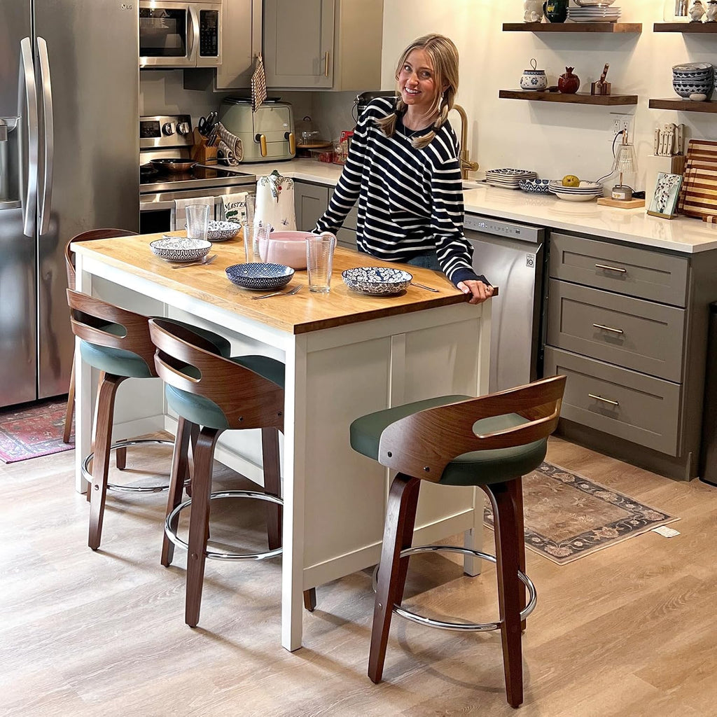 Counter Stools Set of 2, 25 inch Mid Century CounterStools with Walnut Crafts, Bentwood Curved Back, Upholstered Tech Fabric, Kitchen Island Stools for Cafe/Pub/Island (Gray, 25" Seat Height)