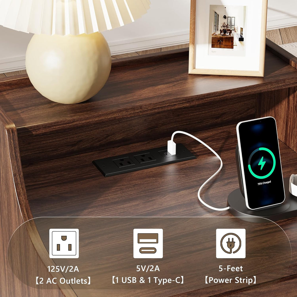 Einhomn Fluted Nightstand with Charging Station and Light, End Table with Drawer & Transparent Storage, Side Table for Bedroom, Narrow Bedside Table for Living Room Small Space, Walnut