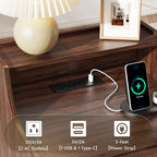 Einhomn Nightstand Set of 2 with Charging Station & LED Light, Fluted Beside Table with Drawer & Transparent Storage, Side Table for Living Room, Narrow Bedside Table for Bedroom Small Space, Walnut