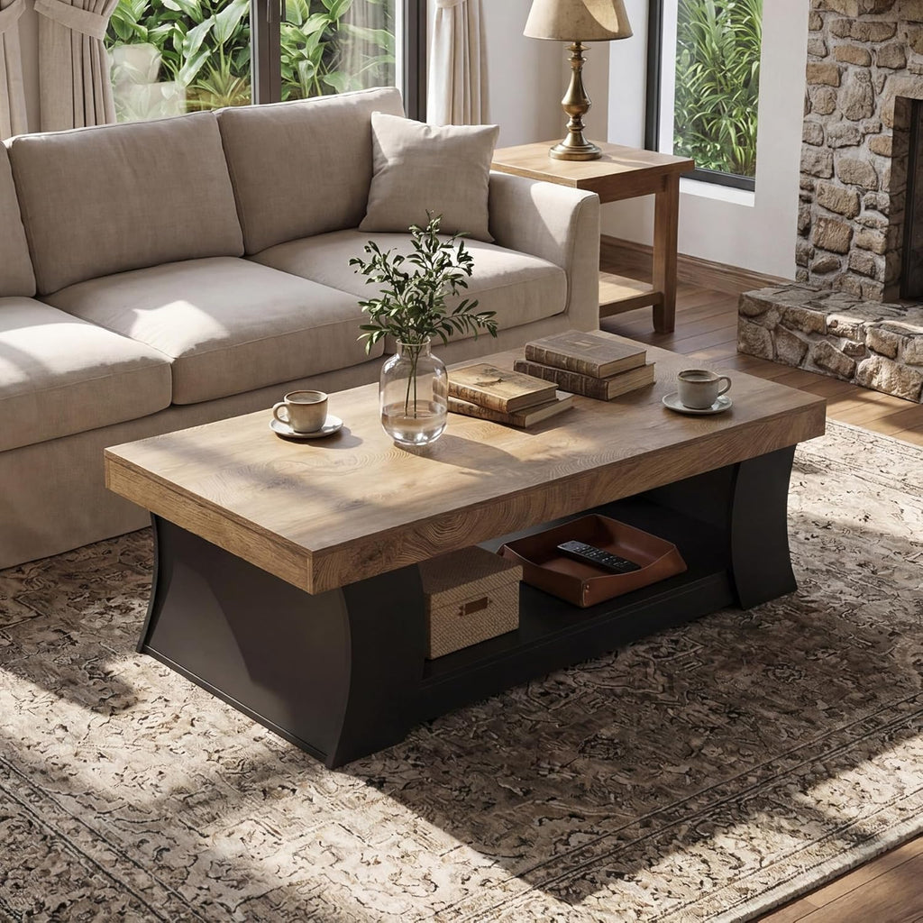 LITTLE TREE 55" Coffee Table, Living Room Table with Storage Shelf, Wooden Coffee Table, Modern Farmhouse Rectangle Center Table for Living Room, Bedroom, Office, Rustic Brown+Black