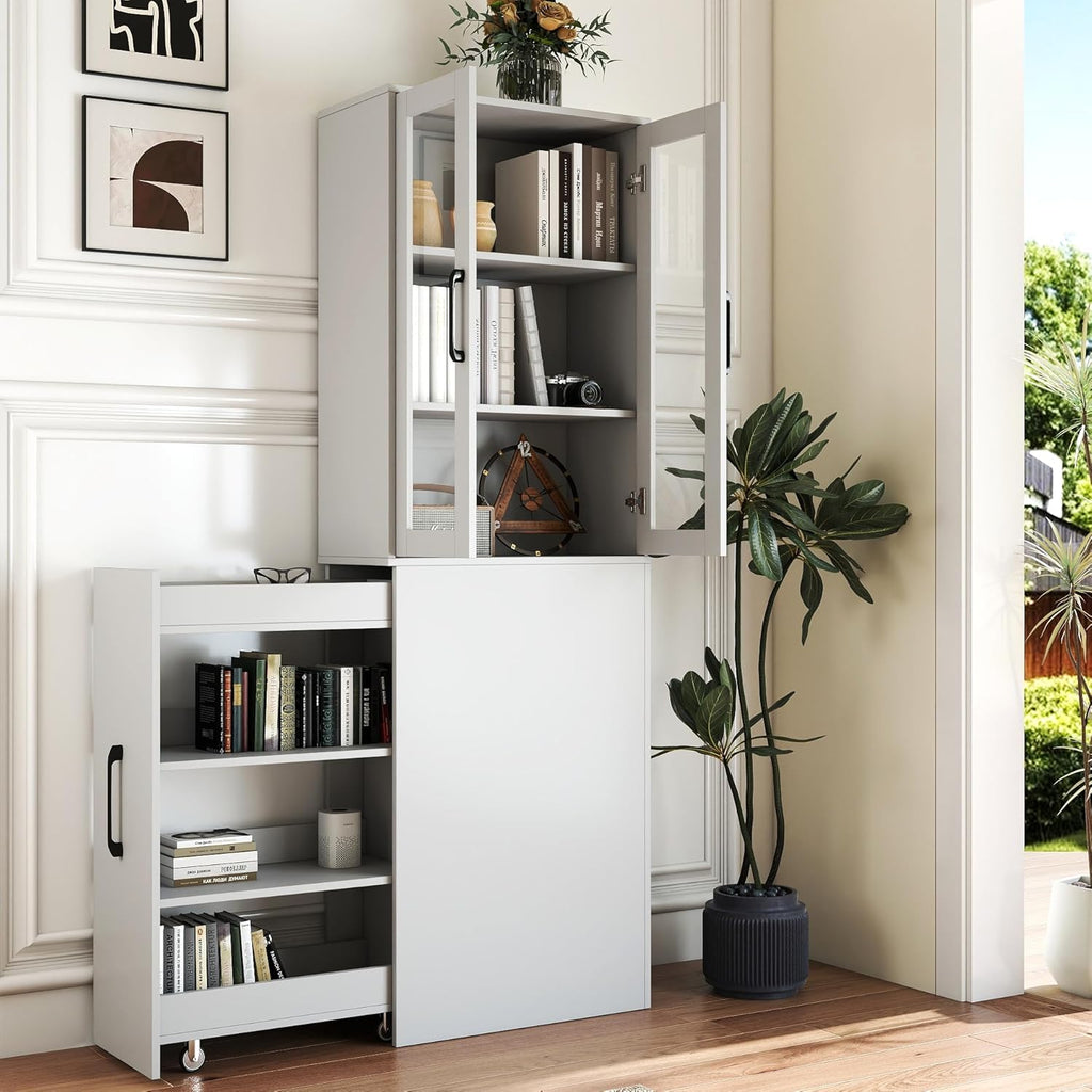 70.87" H Slim Display Storage Cabinet with 4 Tier Multi-Functional Pull-Out Shelves, Narrow Bookcase with 2 Glass Doors, Space Saving Storage Organizer for Kitchen Living Room Bathroom, White