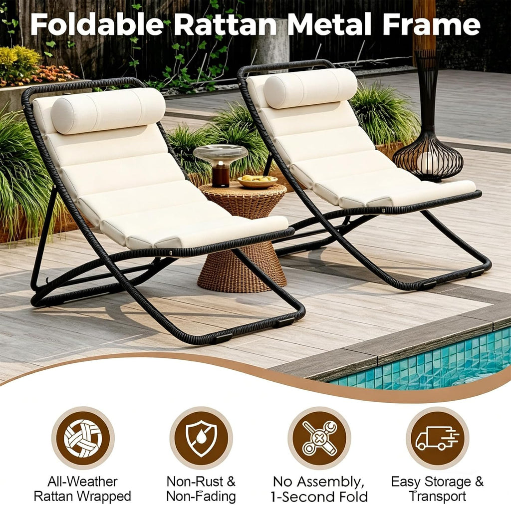 Outdoor Folding Lounge Chair Set of 2, Rattan Outdoor Patio Sling Chairs with Adjustable Backrest, Thick Cushioned & Detachable Headrest, Portable Beach Sling Chair for Poolside Backyard (Black)