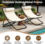 Outdoor Folding Lounge Chair Set of 2, Rattan Outdoor Patio Sling Chairs with Adjustable Backrest, Thick Cushioned & Detachable Headrest, Portable Beach Sling Chair for Poolside Backyard (Black)