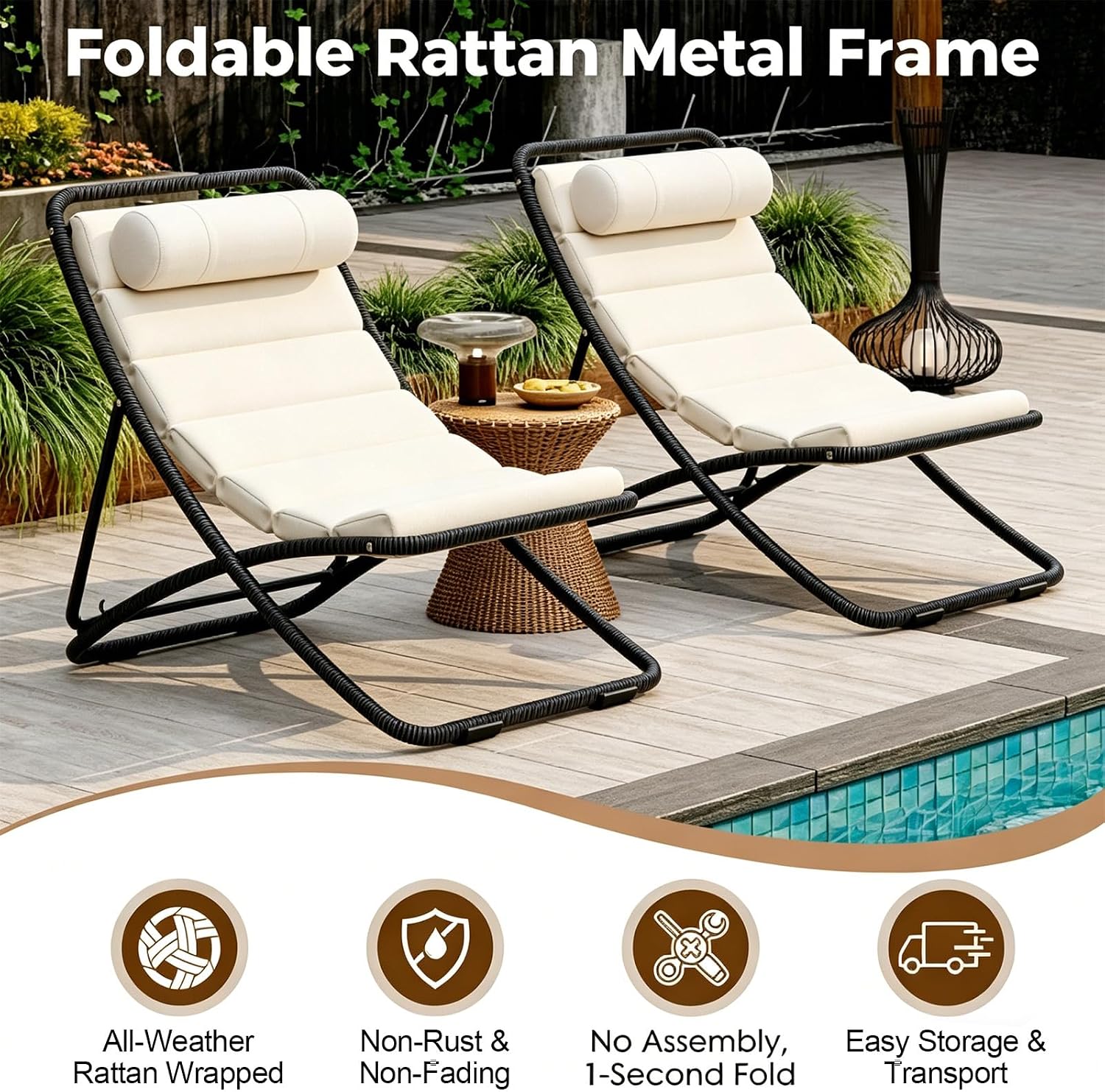 Outdoor Folding Lounge Chair Set of 2, Rattan Outdoor Patio Sling Chairs with Adjustable Backrest, Thick Cushioned & Detachable Headrest, Portable Beach Sling Chair for Poolside Backyard (Black)