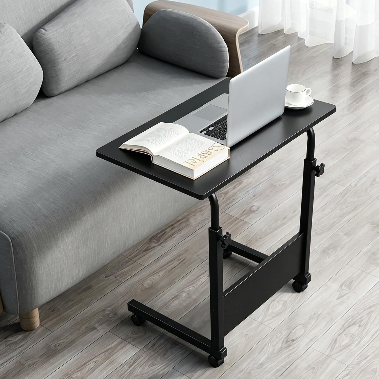 Height Adjustable Sofa Side Table Wood End Table with Wheels, Small Rolling Bedside Laptop Snack Table, Wooden Top & Metal Frame (Black)