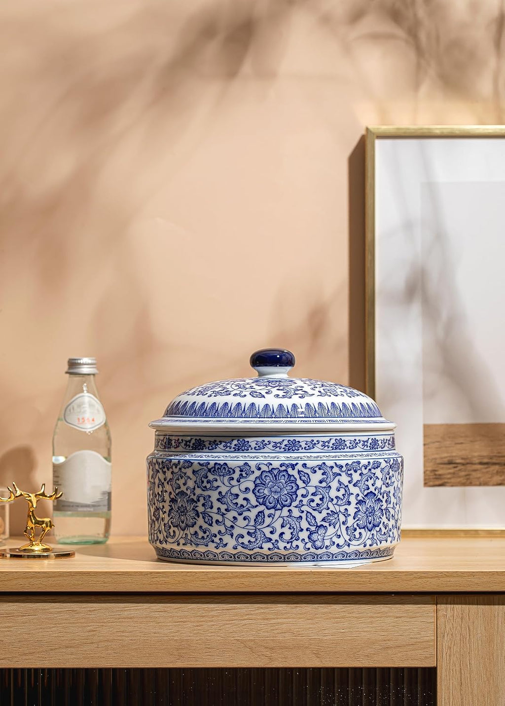 Blue and White Ginger Jar, Ceramic Chinoiserie Decorative Jars for Home, Office, Ginger Jar Vase Pocelain for Table, Living Room, Bookshelf, Mantle Fireplace, Centerpieces 6.5"