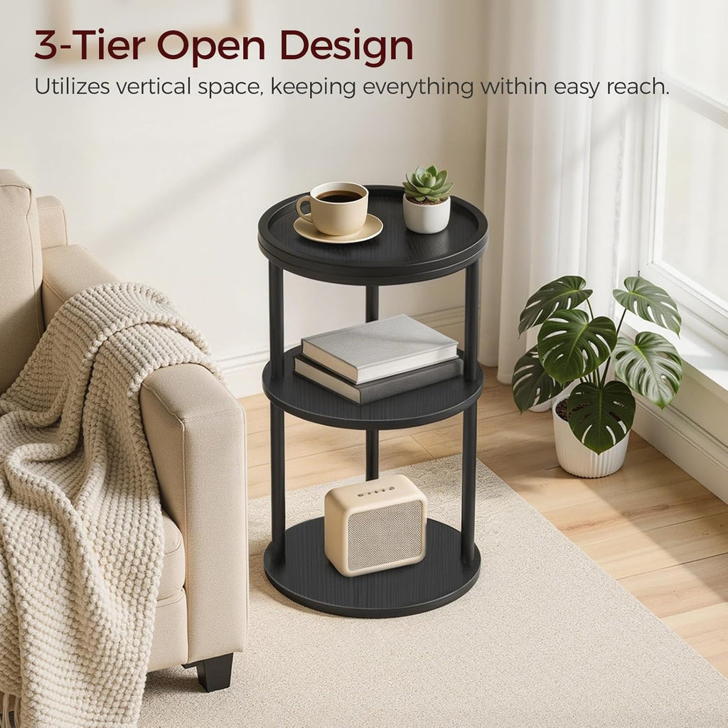 MAHANCRIS Small Round Side Table with Tray, 3-Tier End Table with Storage Shelf, Accent Table for Small Spaces, Nightstand, Coffee Drink Table for Sofa, Living Room, Bedroom, Corner, Black ETBK3101