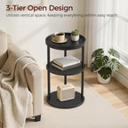 MAHANCRIS Small Round Side Table with Tray, 3-Tier End Table with Storage Shelf, Accent Table for Small Spaces, Nightstand, Coffee Drink Table for Sofa, Living Room, Bedroom, Corner, Black ETBK3101
