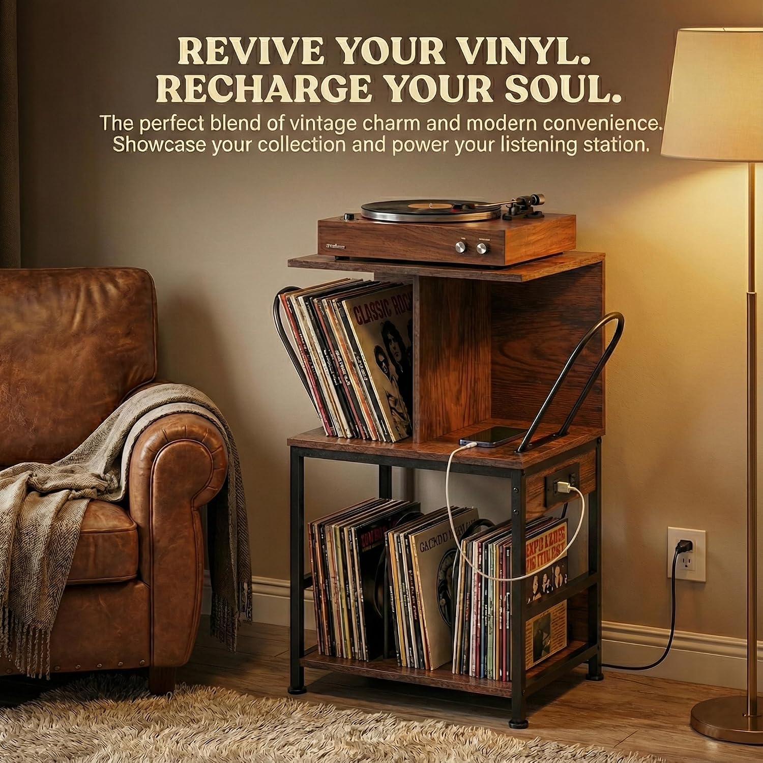 Record Player Stand with Vinyl Storage, Large Record Table Holds 180 Albums, Vinyl Record Storage Stand with USB Charger, Multi-Functional Side Table & Shelf for Living Room Bedroom